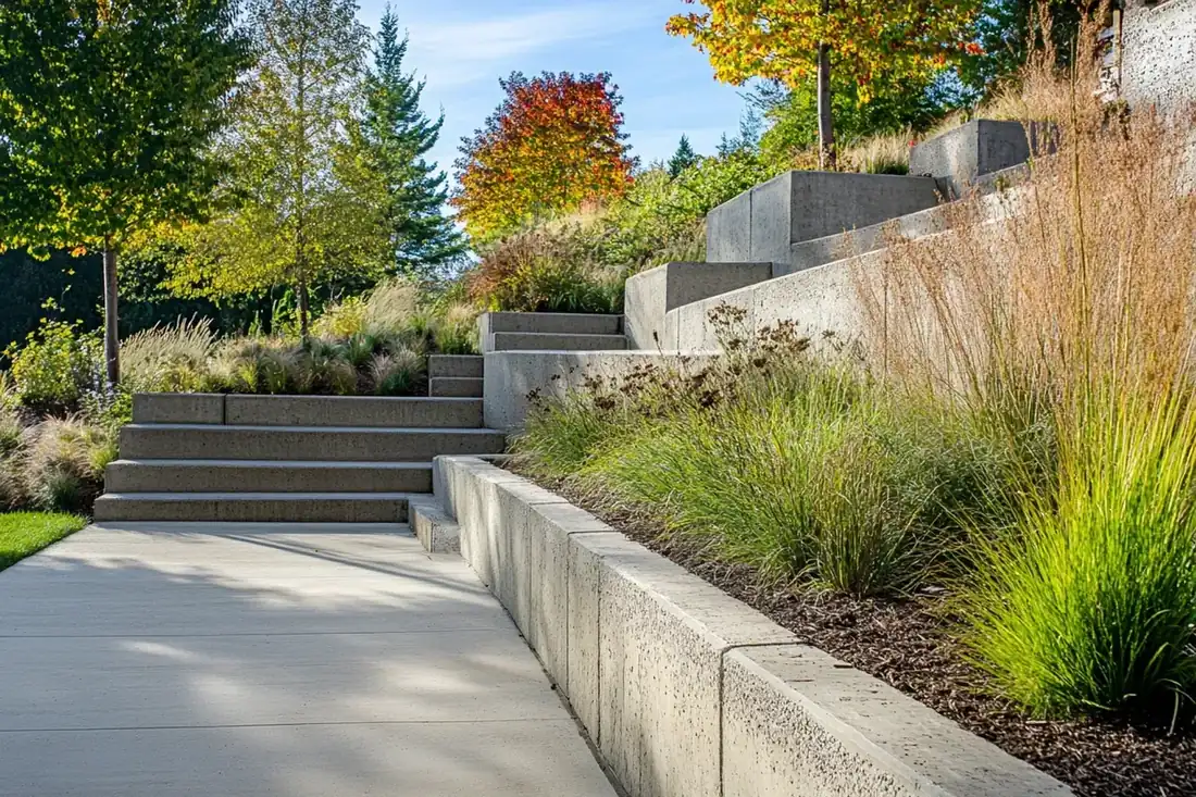Concrete walkway, steps and low retaining walls along planting beds