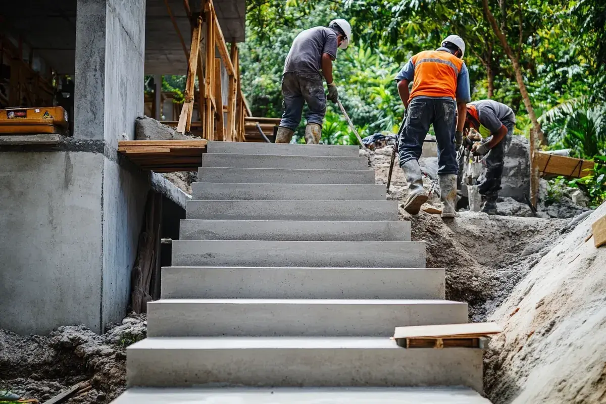 Crew building poured concrete stairs up a sloped yard