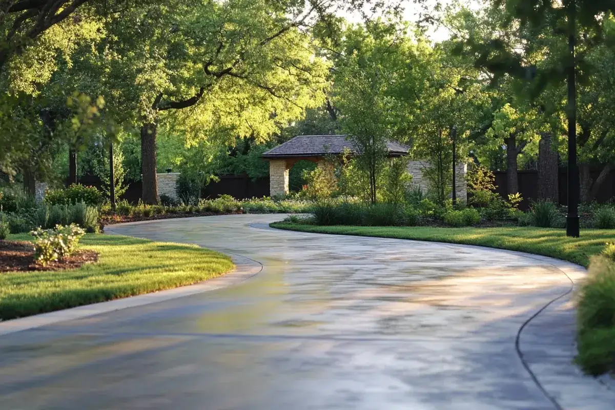 Curving concrete driveway through a landscaped front yard