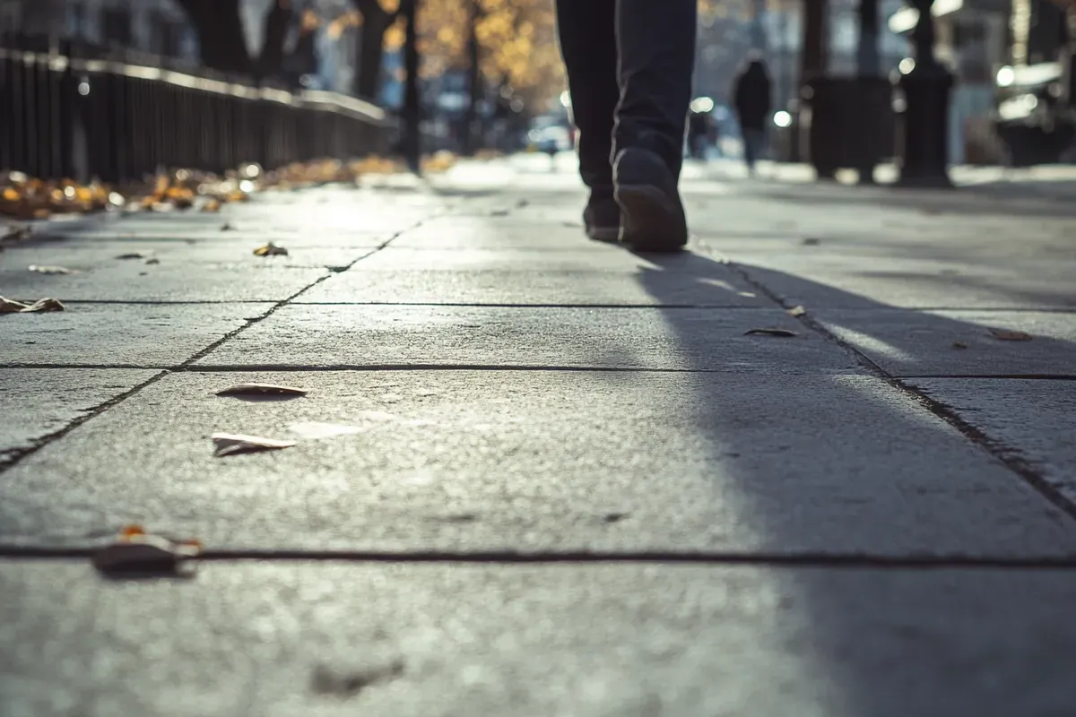 Jointed concrete sidewalk along a fence with a person walking
