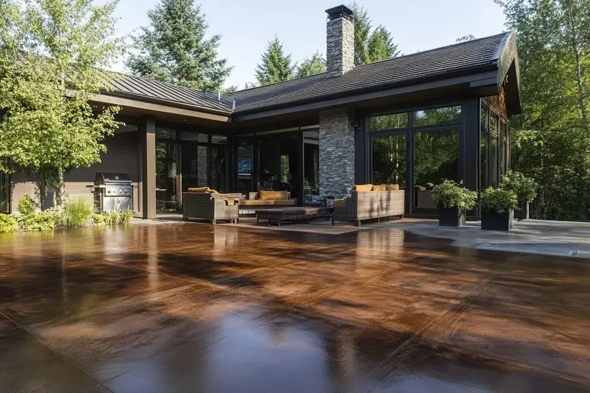 Stained concrete patio behind a modern house with outdoor seating