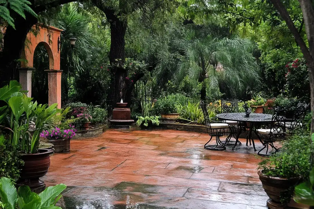 Terracotta-colored stamped concrete patio with a table in a garden