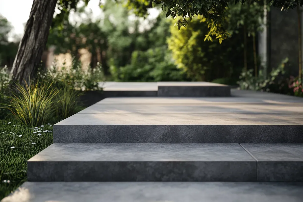 Wide concrete steps leading through a landscaped garden